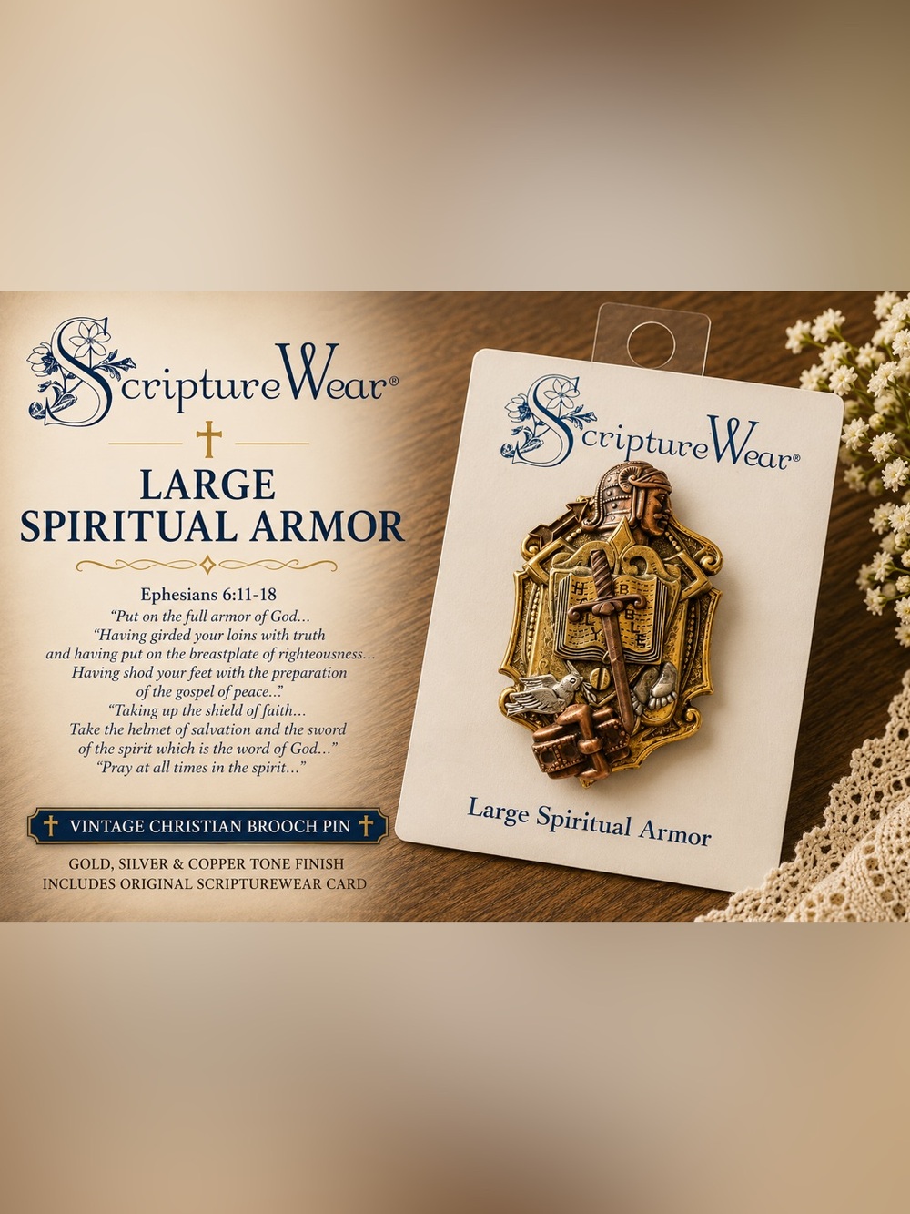 ScriptureWear Large Spiritual Armor Vintage Christian Brooch Pin